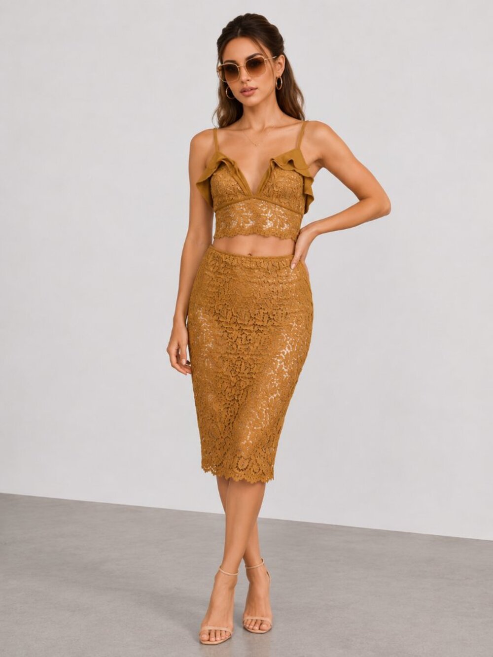 Marigold Lace Two Piece Midi Skirt Set Deep V NWT